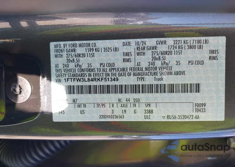 2024 Ford F-150 Xlt from USA, damaged, VIN 1FTFW3L84RKF51349